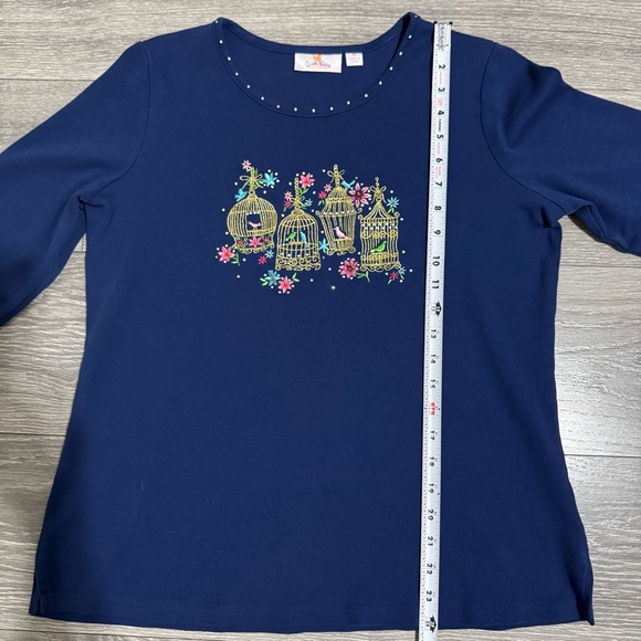 Vintage Quacker Factory Navy Top with Beautiful Birdcage Embroidery 3/4 Sleeve M - Picture 10 of 13